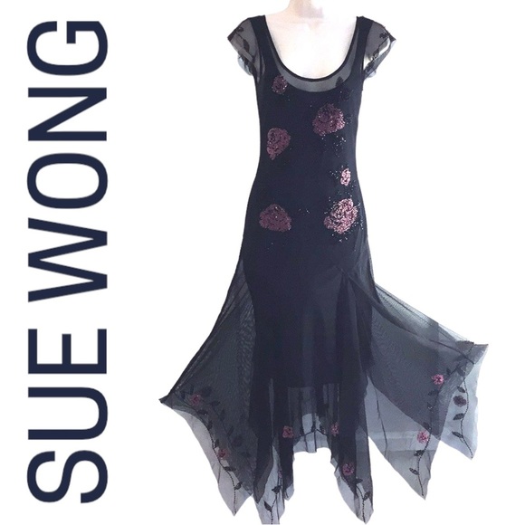 VINTAGE GOWN SUE WONG Beaded Floral on Peekaboo Mesh Underslip Prom Bridal Y2K - Picture 11 of 17